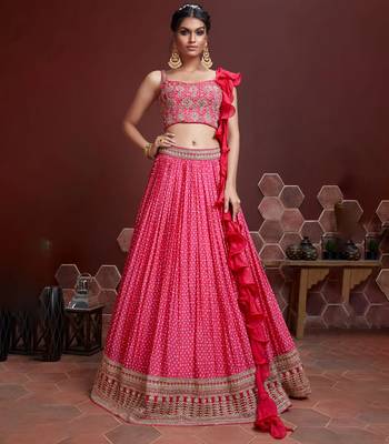 Gorgeous pink zari embroidered designer silk bandhani style lehenga choli with dupatta 1