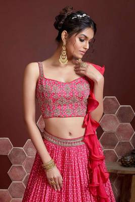 Gorgeous pink zari embroidered designer silk bandhani style lehenga choli with dupatta 3