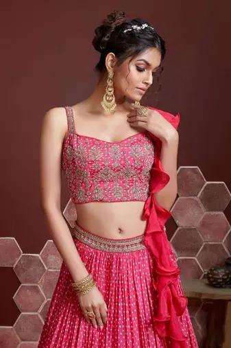 Gorgeous pink zari embroidered designer silk bandhani style lehenga choli with dupatta