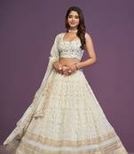 Cream White Georgette Sequins Work Party Wear Lehenga Choli for Women