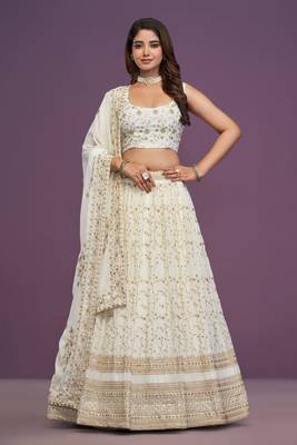 Cream White Georgette Sequins Work Party Wear Lehenga Choli for Women 3