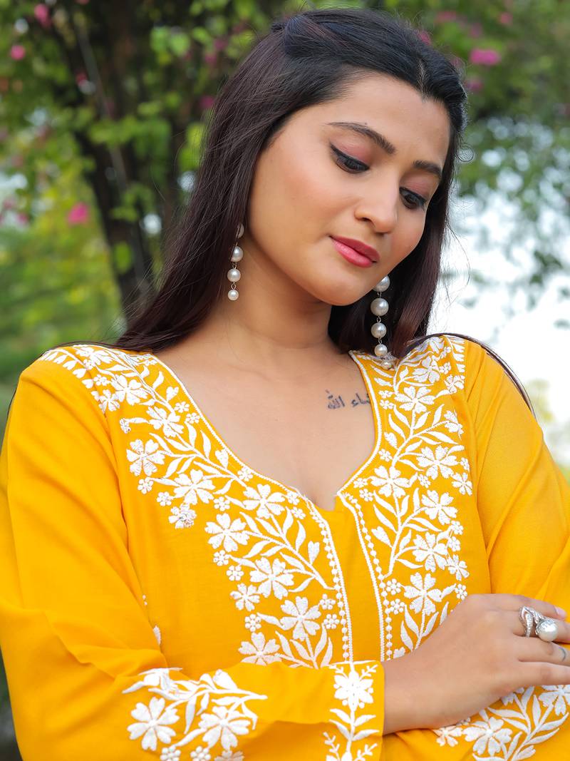 Leeza store women's rayon lucknowi chikankari work straight kurta palazzo set for women