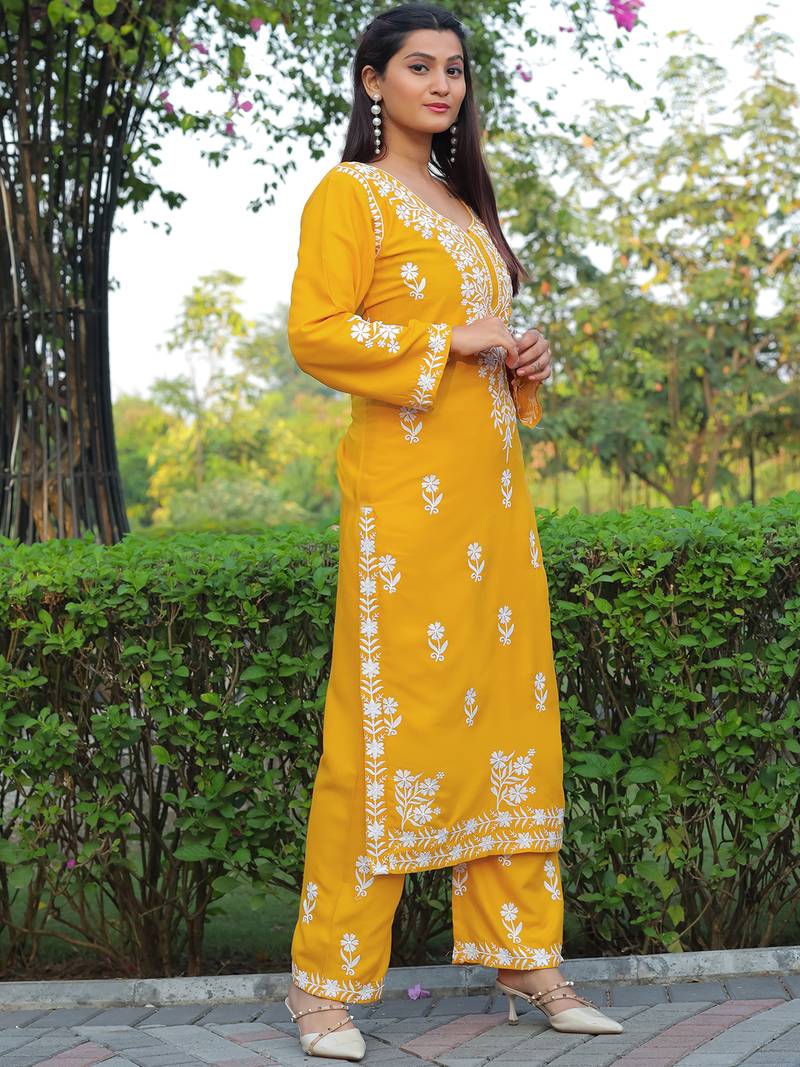 Leeza store women's rayon lucknowi chikankari work straight kurta palazzo set for women