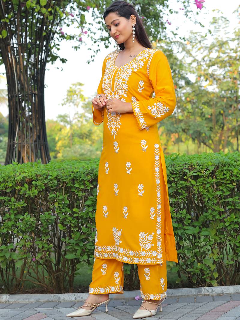 Leeza store women's rayon lucknowi chikankari work straight kurta palazzo set for women