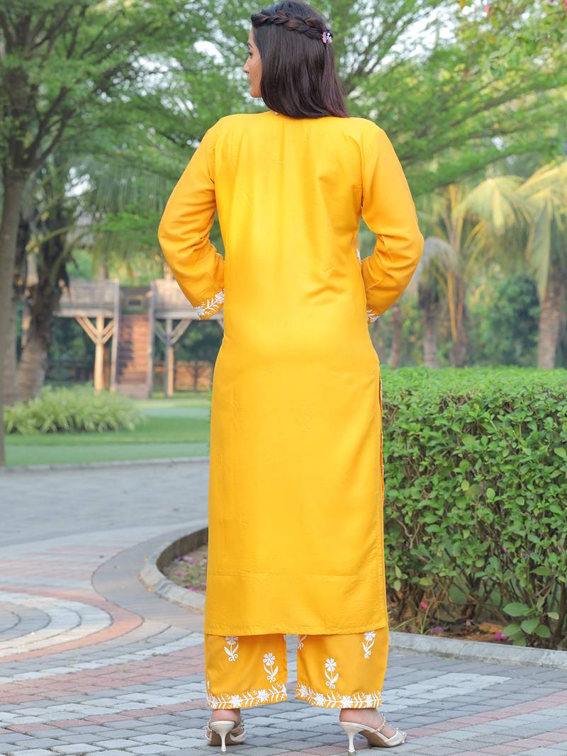 Leeza store women's rayon lucknowi chikankari work straight kurta palazzo set for women