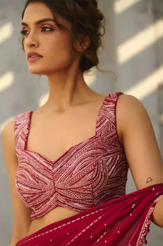 Halley  red pre draped saree