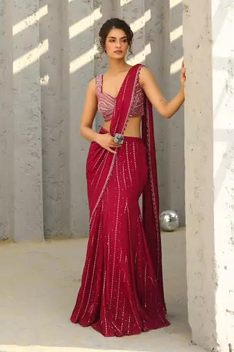 Halley  red pre draped saree