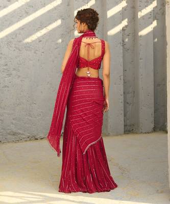Halley  red pre draped saree 5