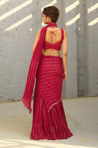 Halley  red pre draped saree