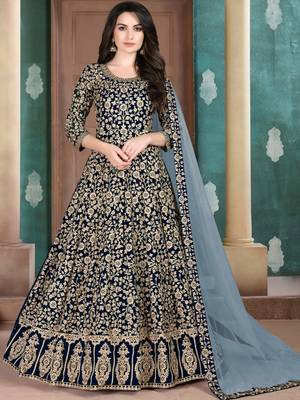 Navy Blue Georgette Embroidered Wedding Wear Designer Anarkali Suit 1