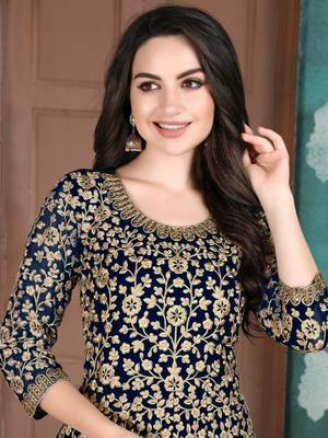 Navy Blue Georgette Embroidered Wedding Wear Designer Anarkali Suit 2