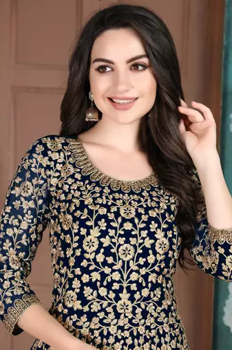 Navy Blue Georgette Embroidered Wedding Wear Designer Anarkali Suit