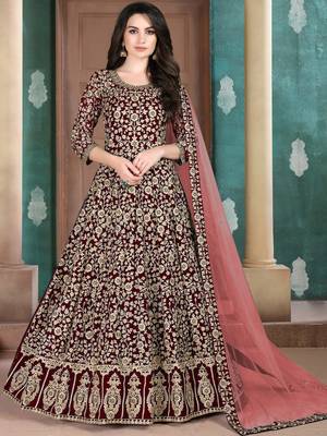 Maroon Georgette Embroidered Wedding Wear Designer Anarkali Suit 1