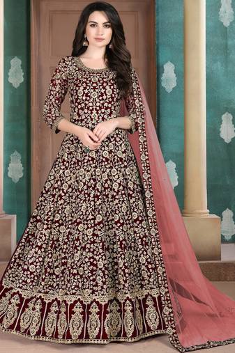 Maroon Georgette Embroidered Wedding Wear Designer Anarkali Suit