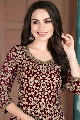 Maroon Georgette Embroidered Wedding Wear Designer Anarkali Suit