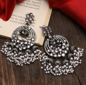 Vintage-style pearl chandelier earrings | oxidized silver-tone traditional kundan-inspired wedding jewelry for women 1
