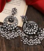 Vintage-style pearl chandelier earrings | oxidized silver-tone traditional kundan-inspired wedding jewelry for women
