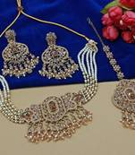 Victorian-inspired pearl choker set - cz necklace with gold lct beads - vintage maang tikka bridal collection