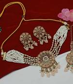 Traditional pearl choker set with kundan medallion gold-plated pink wedding jewelry maang tikka bridal collection