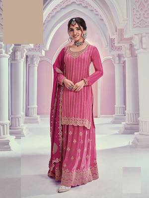 Pink embroidered chinon free size sharara suit 1