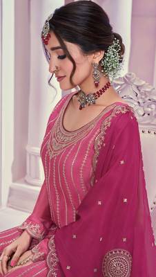 Pink embroidered chinon free size sharara suit 2
