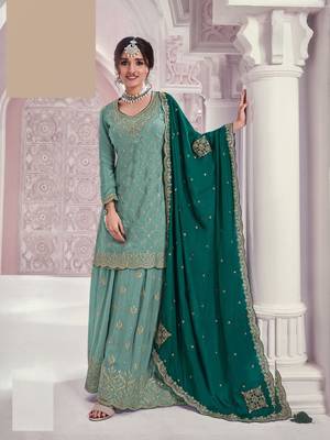 Sky blue embroidered chinon free size stitched sharara suit 1
