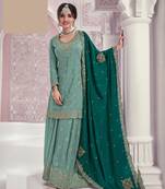 Sky blue embroidered chinon free size stitched sharara suit