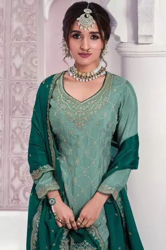 Sky blue embroidered chinon free size stitched sharara suit