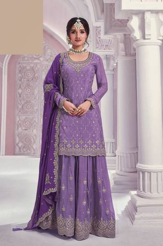 Violet embroidered chinon free size stitched sharara suit