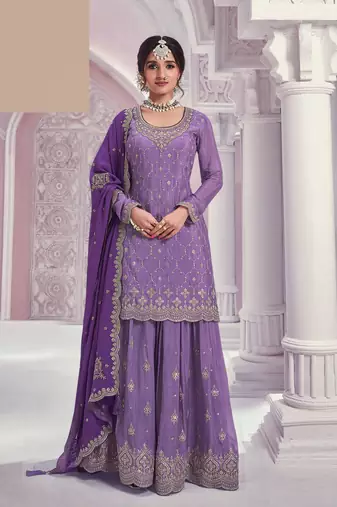 Violet embroidered chinon free size stitched sharara suit