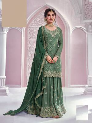 Green embroidered chinon free size stitched sharara suit 1