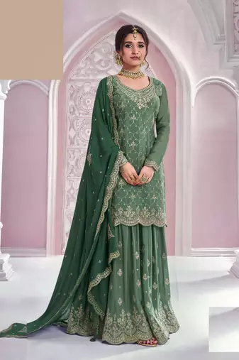 Green embroidered chinon free size stitched sharara suit