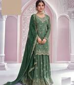 Green embroidered chinon free size stitched sharara suit