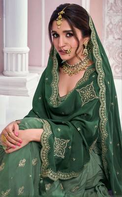Green embroidered chinon free size stitched sharara suit 2