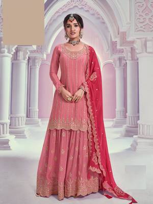 Peach embroidered chinon free size stitched sharara suit 1