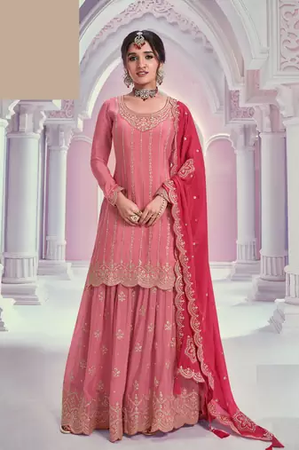 Peach embroidered chinon free size stitched sharara suit