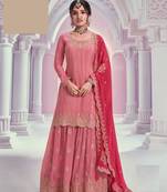 Peach embroidered chinon free size stitched sharara suit