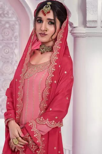 Peach embroidered chinon free size stitched sharara suit
