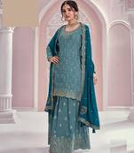 Sky embroidered chinon free size sharara suit