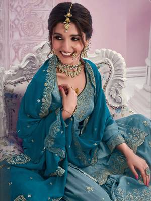 Sky embroidered chinon free size sharara suit 2
