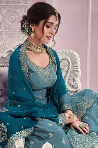Sky embroidered chinon free size sharara suit