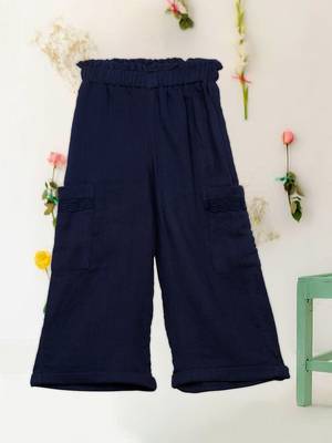 Saka designs blue textured poly cotton regular fit girls pants 1