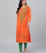 hand embroidered orange cotton lucknowi chikankari straight kurta