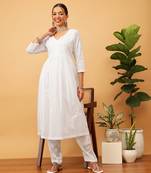 hand embroidered white cotton lucknowi chikankari a-line kurta