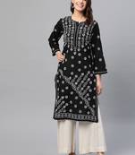 hand embroidered black cotton lucknowi chikankari straight kurta