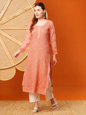 hand embroidered peach kota lucknowi chikankari straight kurta with slip 1