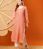 hand embroidered peach kota lucknowi chikankari straight kurta with slip