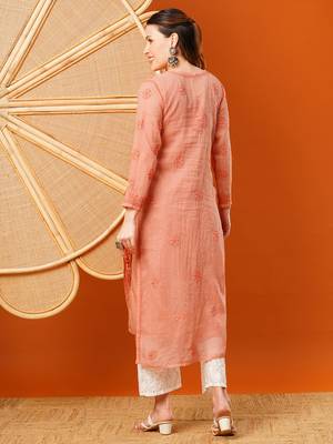 hand embroidered peach kota lucknowi chikankari straight kurta with slip 2
