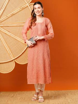 hand embroidered peach kota lucknowi chikankari straight kurta with slip 3