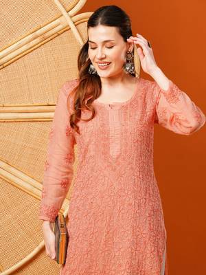 hand embroidered peach kota lucknowi chikankari straight kurta with slip 4